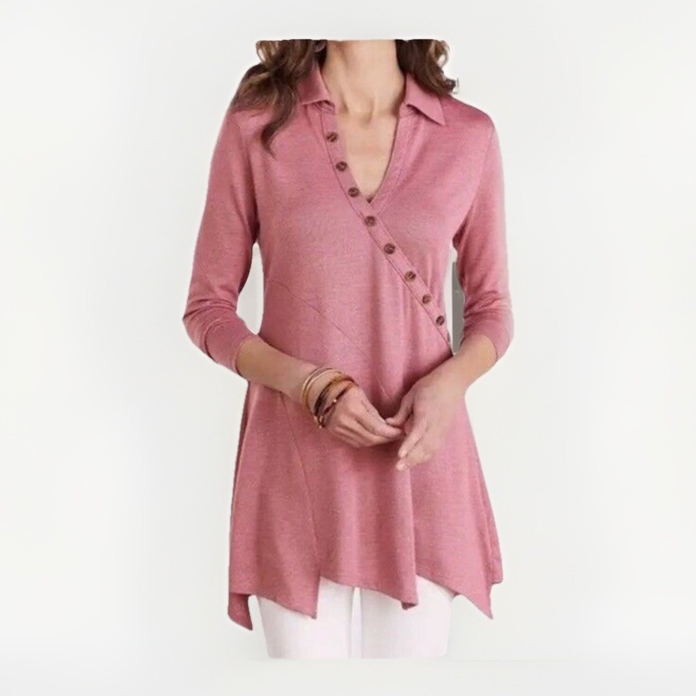 Soft Surroundings Tamara Tunic Womens XL Pink Collared Asymmetrical Buttons